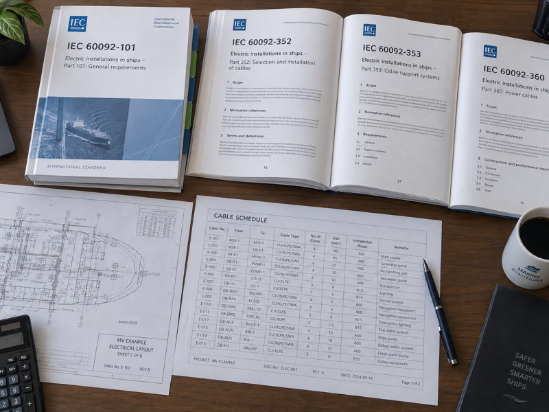 A page of IEC 60092 open beside a cable schedule