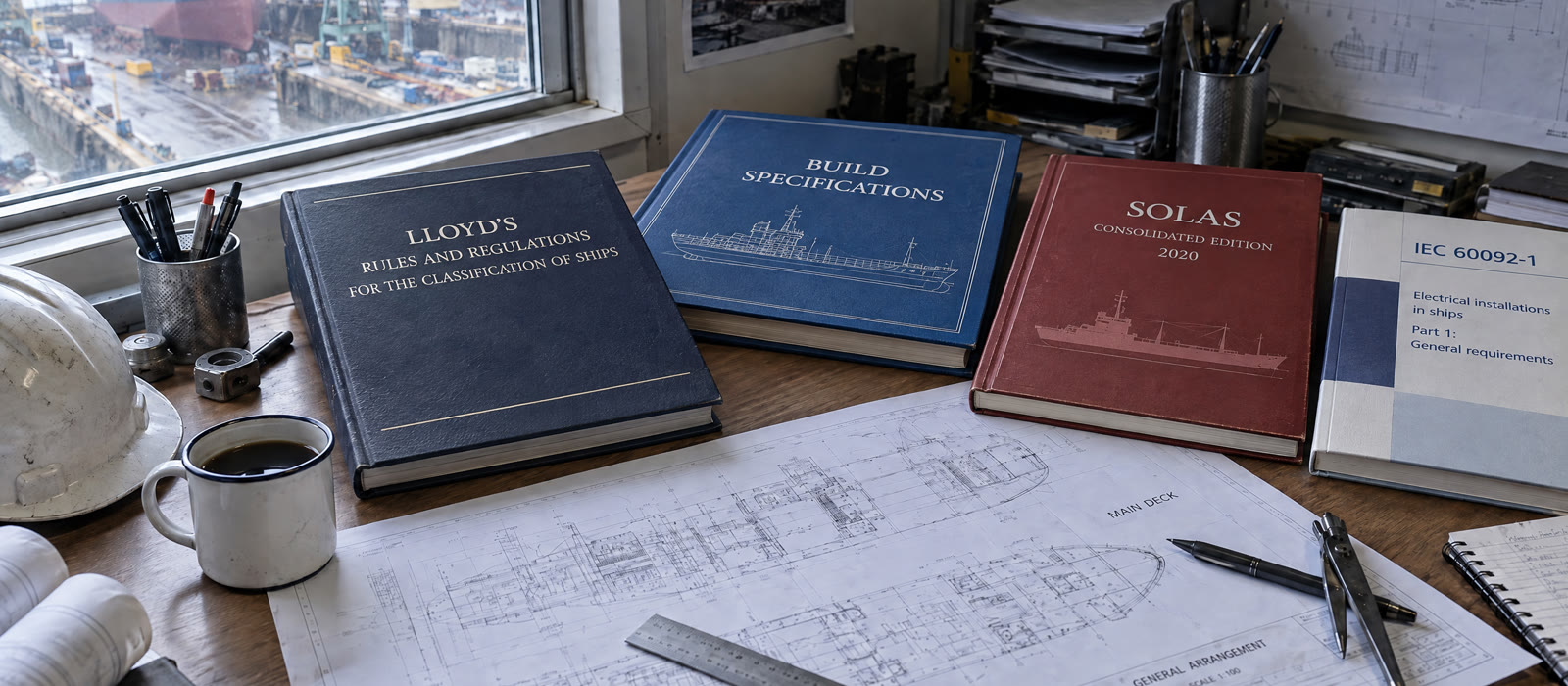 Drawing set and class documentation on a site-office desk
