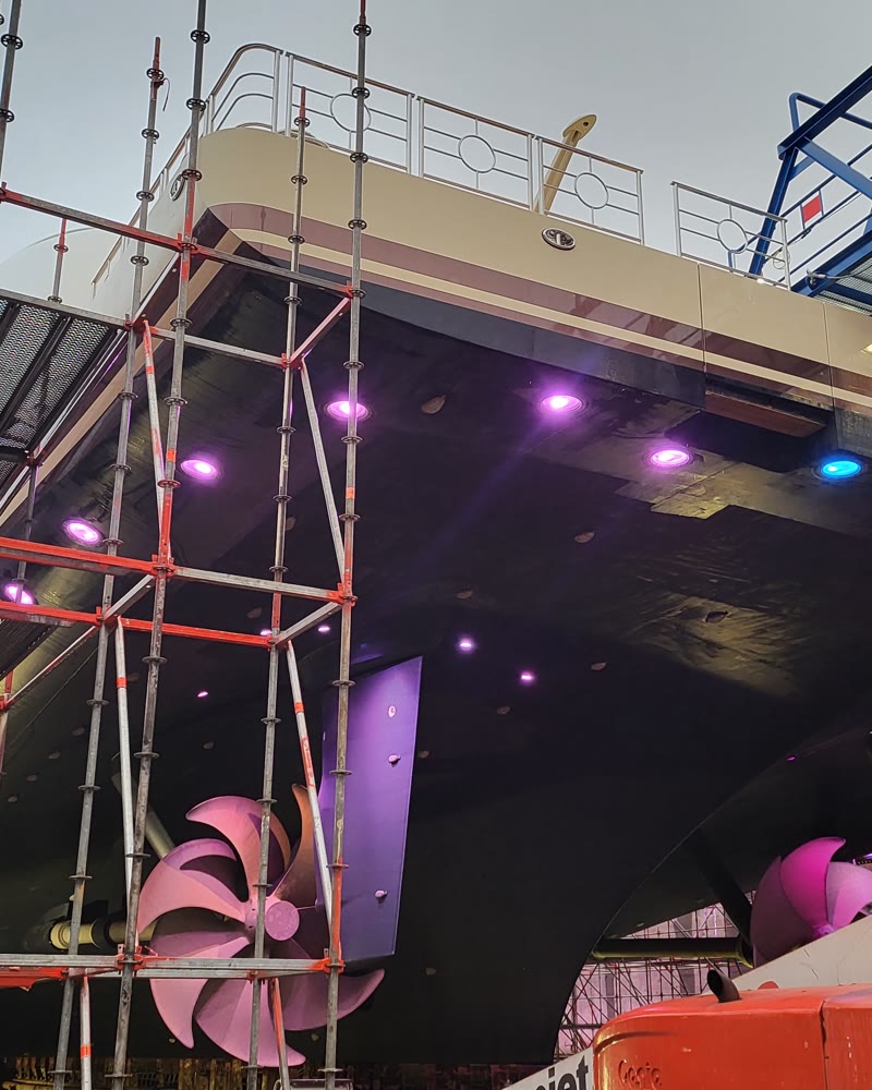 Yacht in dry dock at a refit yard